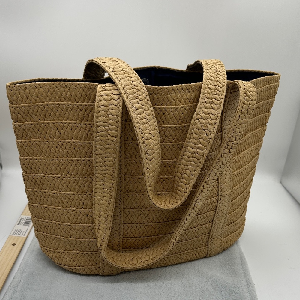 Draper James Natural Straw Shoulder Bag Purse with Dark Blue Lining NWOT